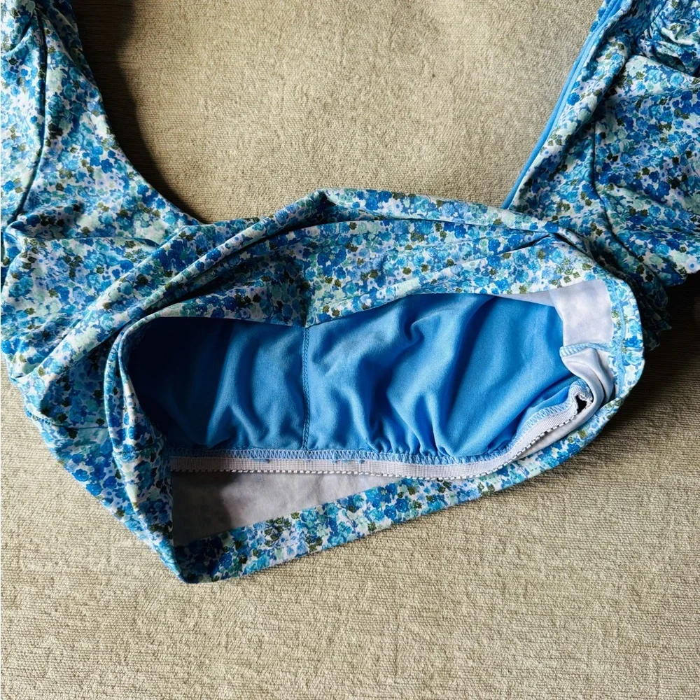 Splendid Blue Floral Longline Puff Sleeve Bikini Top - Size Large